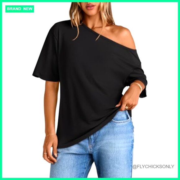 Oversized Off Shoulder Short Sleeve Tee Loose Fit Summer Top - Picture 2 of 5